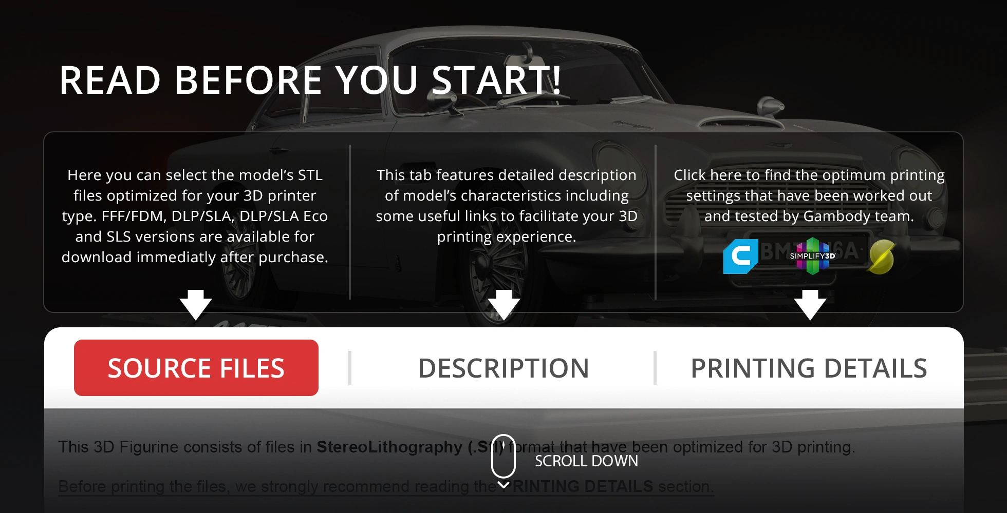 A render of James Bond's Aston Martin DB5 with options for STL files and printing details.