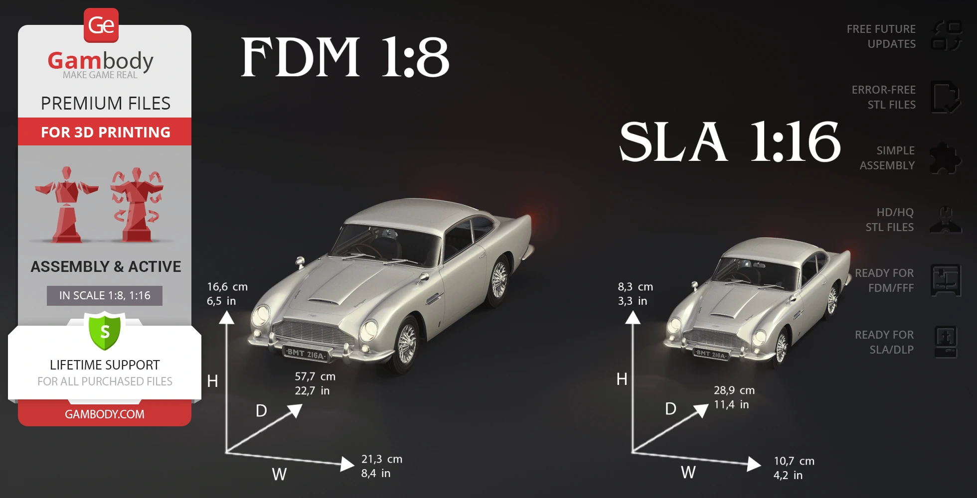 Two 3D models of James Bond's Aston Martin DB5 in 1:8 and 1:16 scales for printing.