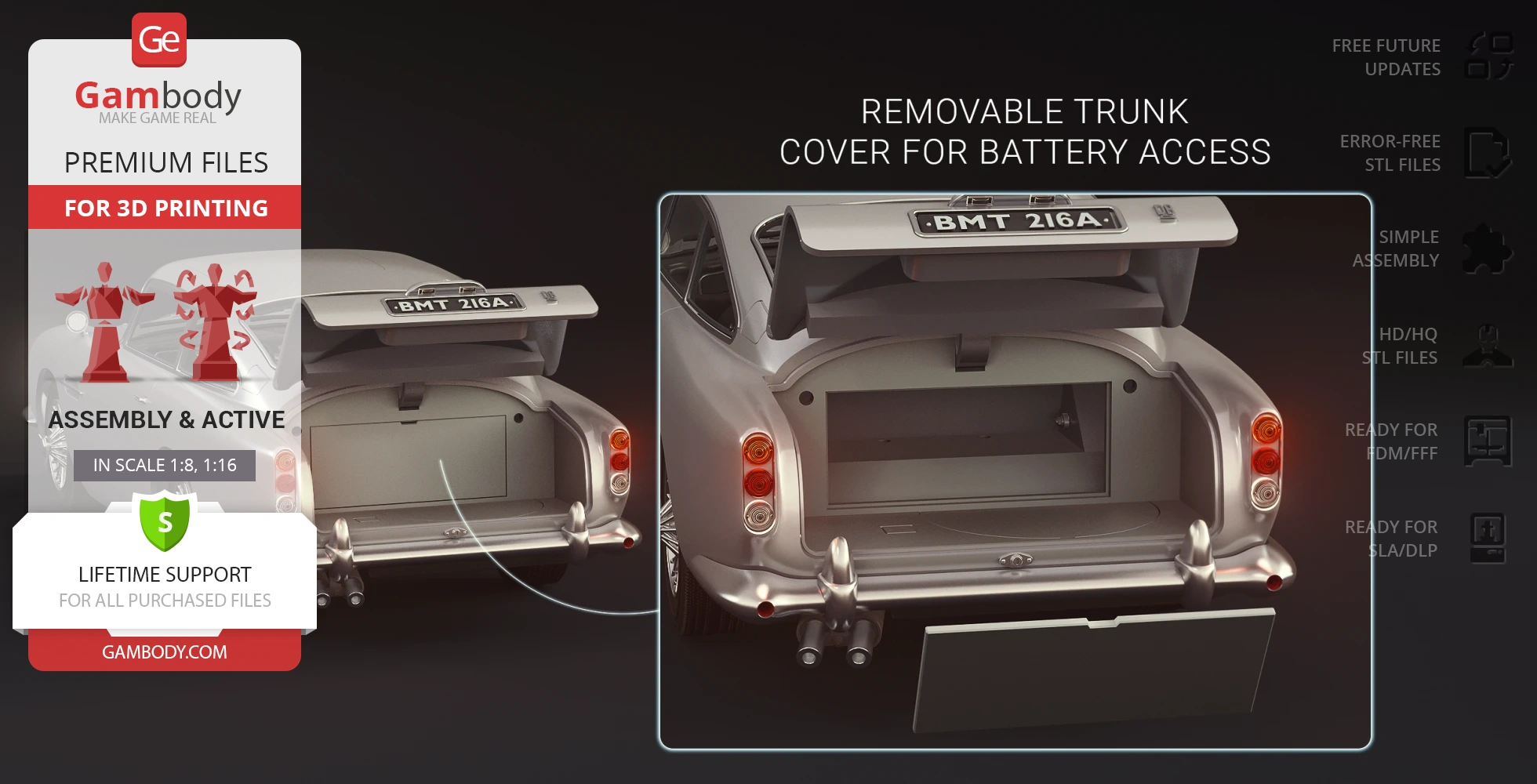 3D printable model of James Bond's Aston Martin DB5 with a removable trunk cover for battery access.
