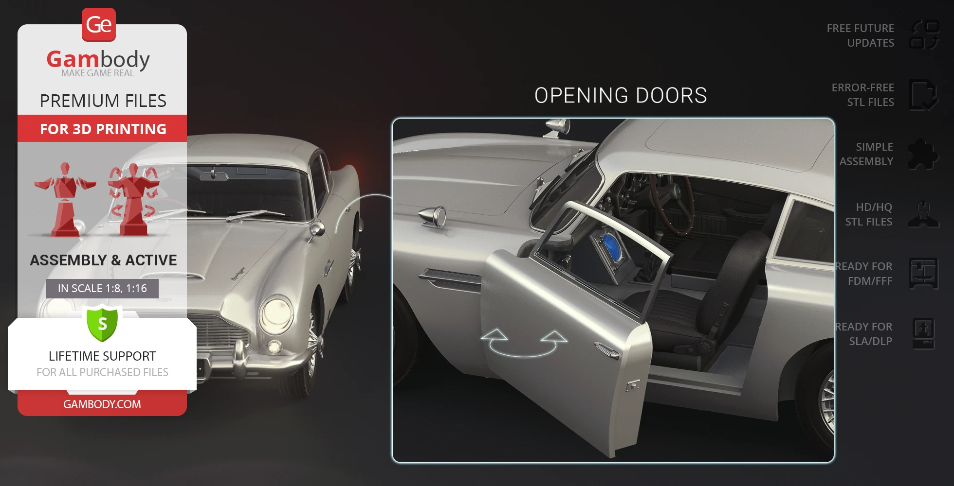 3D print model of silver Aston Martin DB5 with open doors, showcased by Gambody.