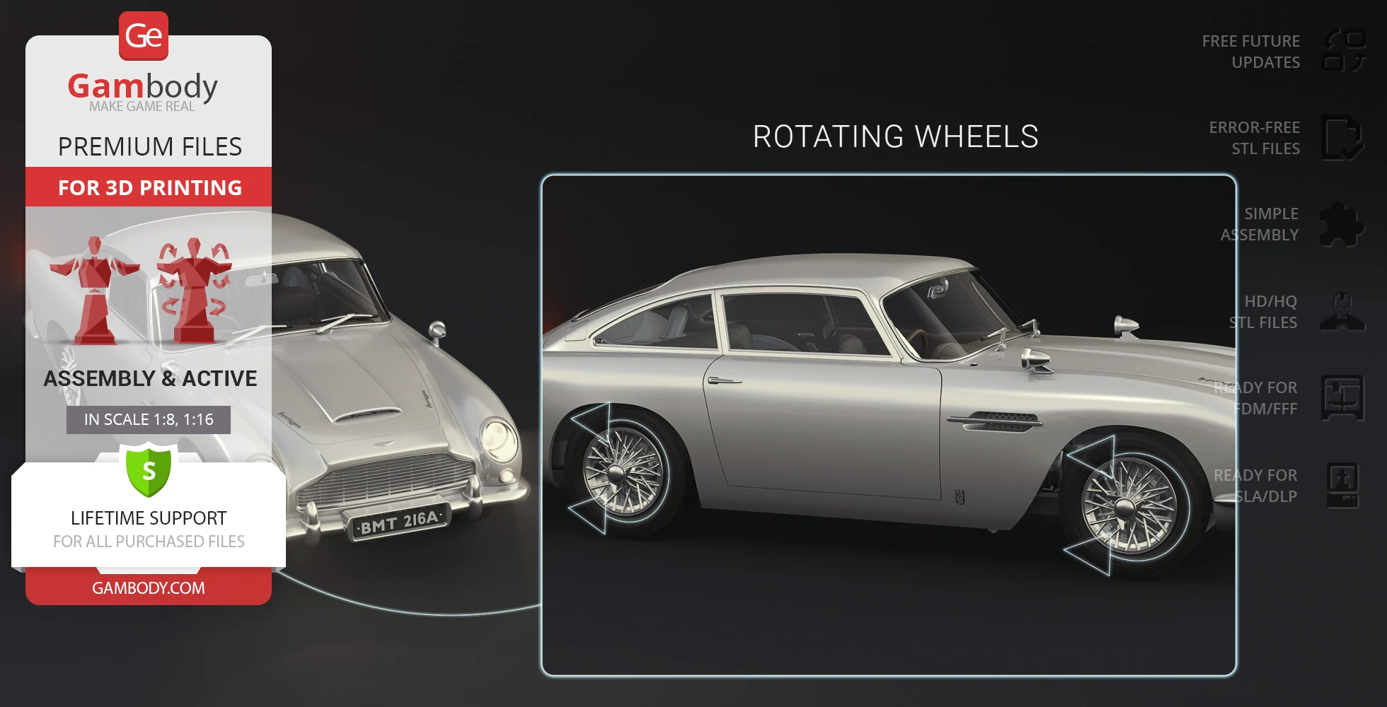 James Bond's Aston Martin DB5 3D print model, featuring rotating wheels and assembly options.