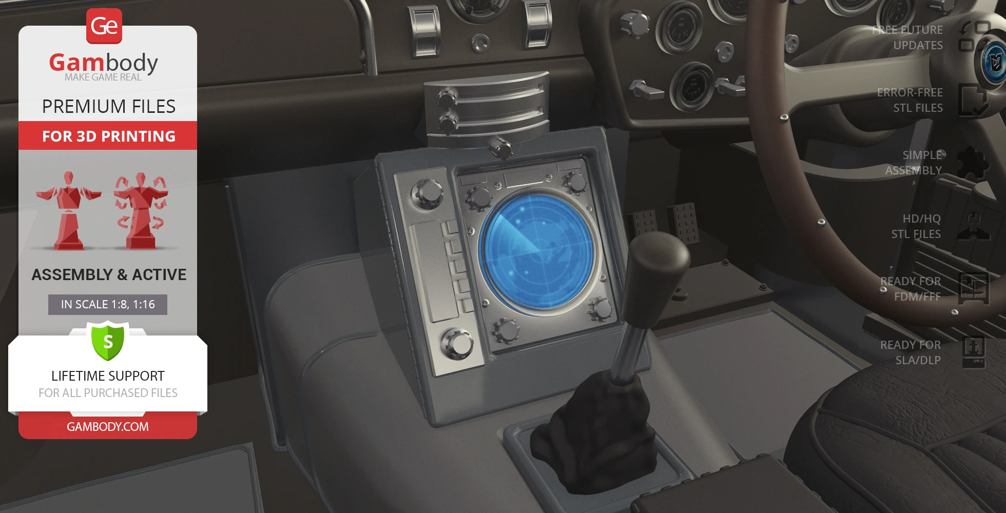Car interior with a spy gadget panel, featuring a blue radar screen and control knobs.