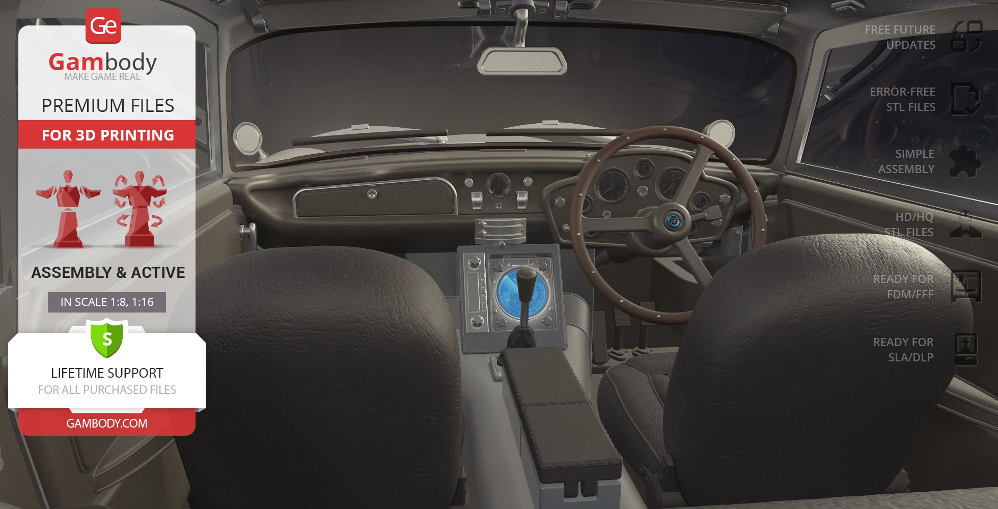 3D model of James Bond's Aston Martin DB5 interior, designed for 3D printing.
