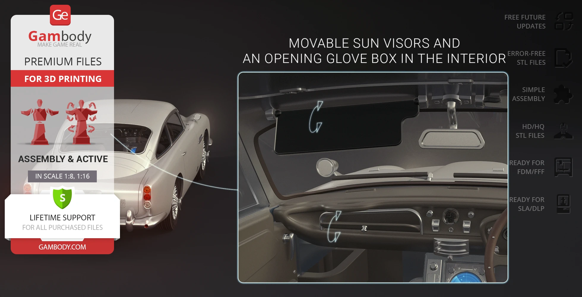 3D printable model of James Bond's Aston Martin DB5 with movable sun visors and opening glove box.