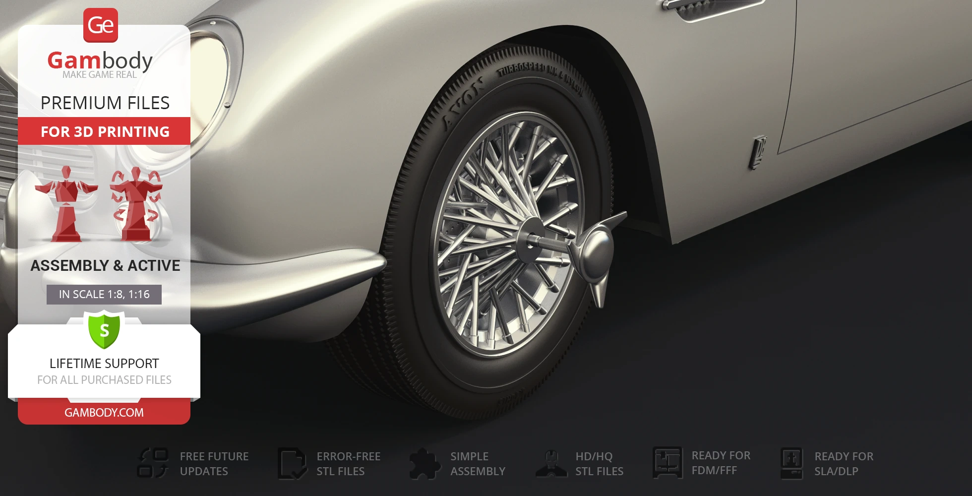 Close-up of an Aston Martin DB5 wheel and grille, showcasing 3D print details and assembly info from Gambody.