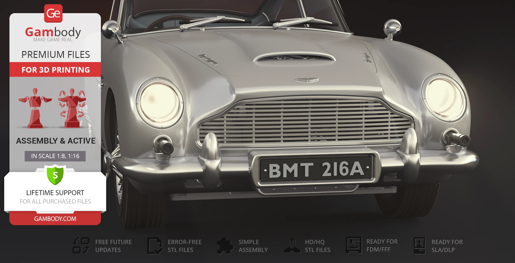 Front view of a detailed 3D printable model of a classic silver Aston Martin DB5.