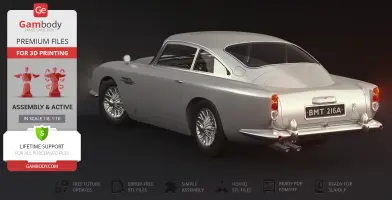 Model of James Bond's Aston Martin DB5, 3D print-ready with detailed features and license plate.