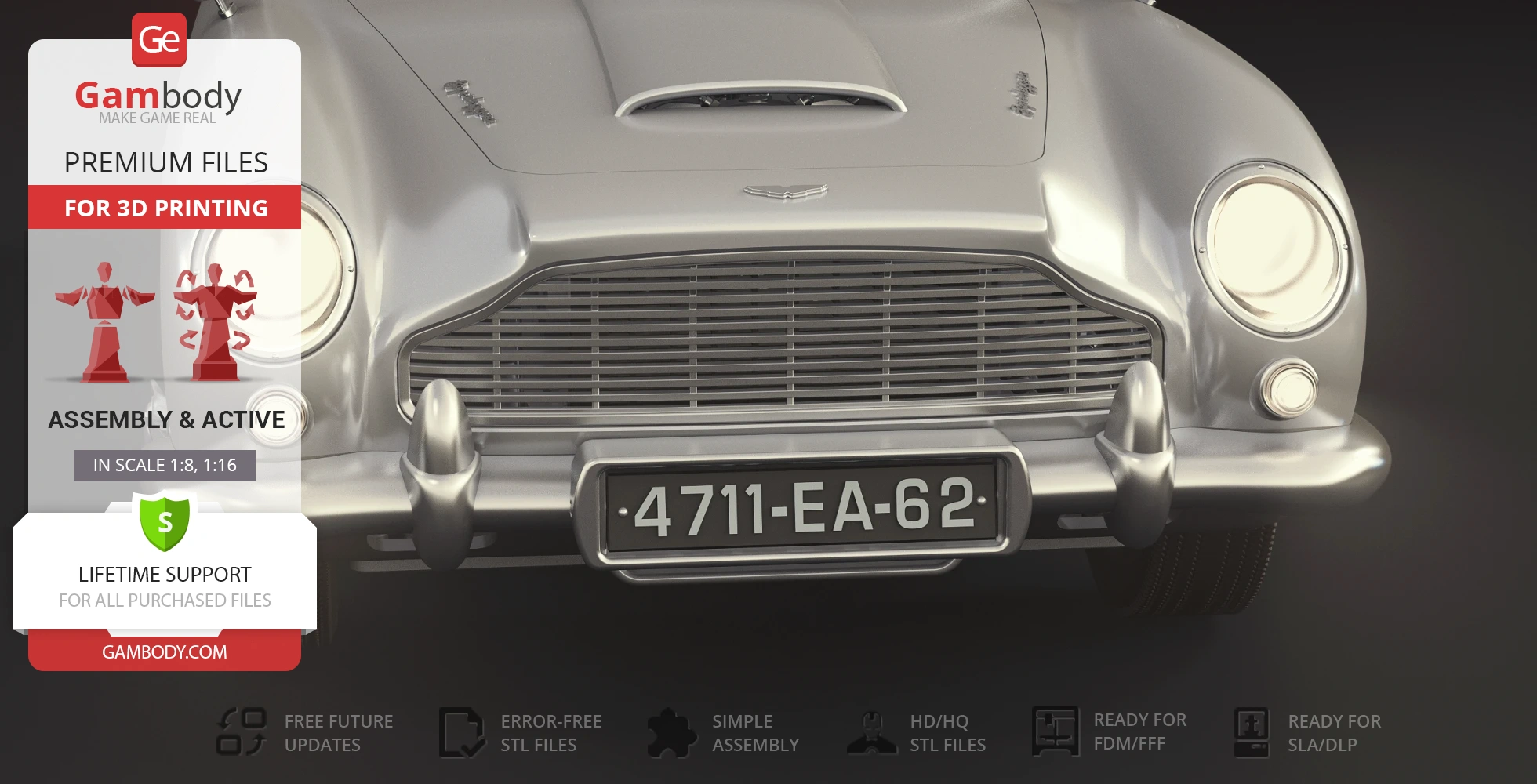 Front view of a detailed 3D model of a classic Aston Martin DB5 car for 3D printing.