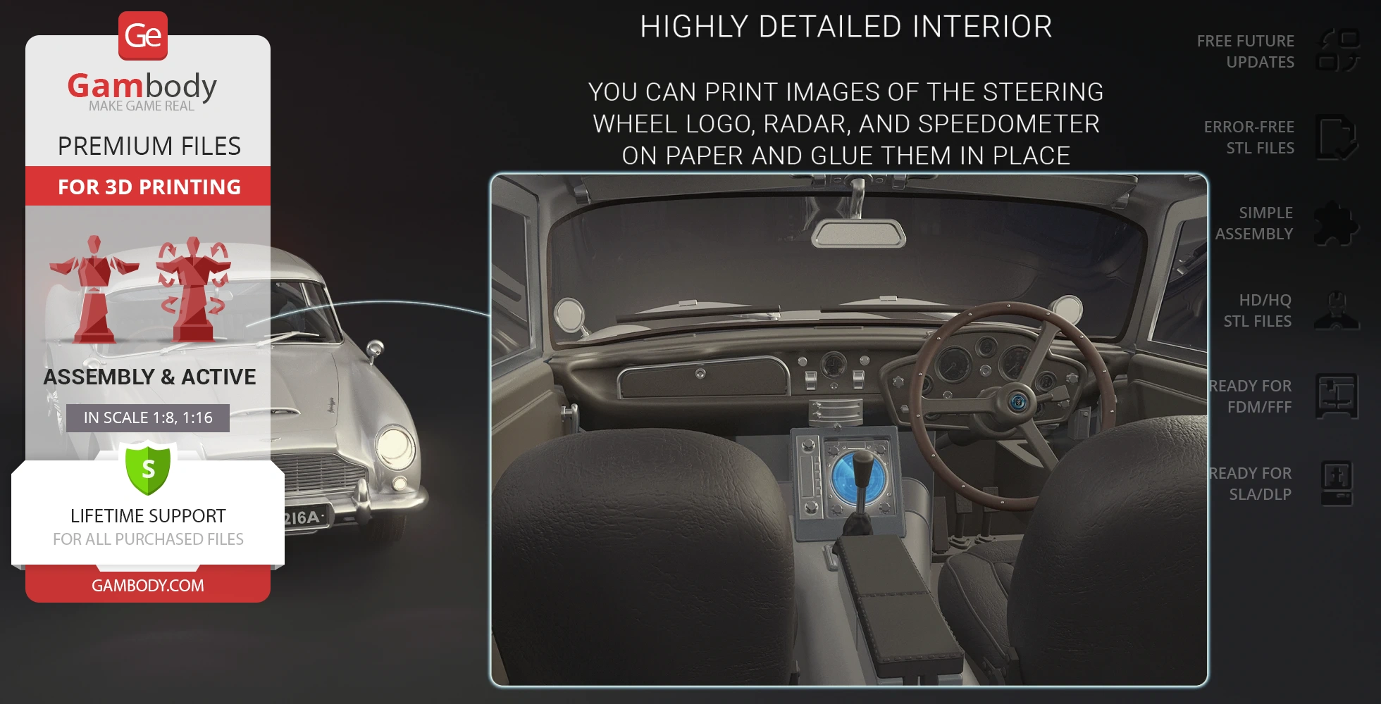 3D printable model kit for James Bond's Aston Martin DB5 with a detailed interior.