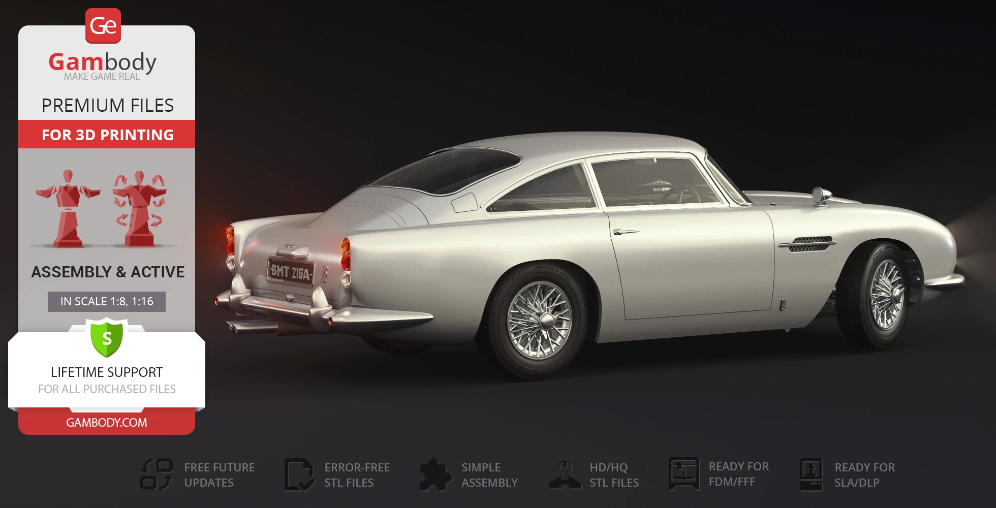 3D model of James Bond's Aston Martin DB5, ready for 3D printing with scale and assembly details.