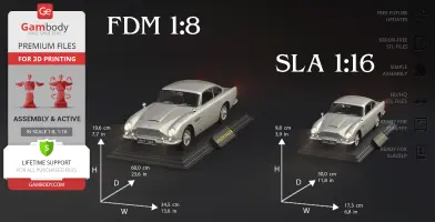 3D print models of Aston Martin DB5 in two scales, 1:8 and 1:16, with labeled dimensions and features.