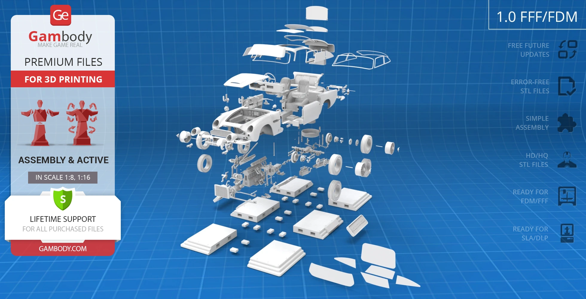 Exploded view of Aston Martin DB5 3D model parts on a blue grid background.