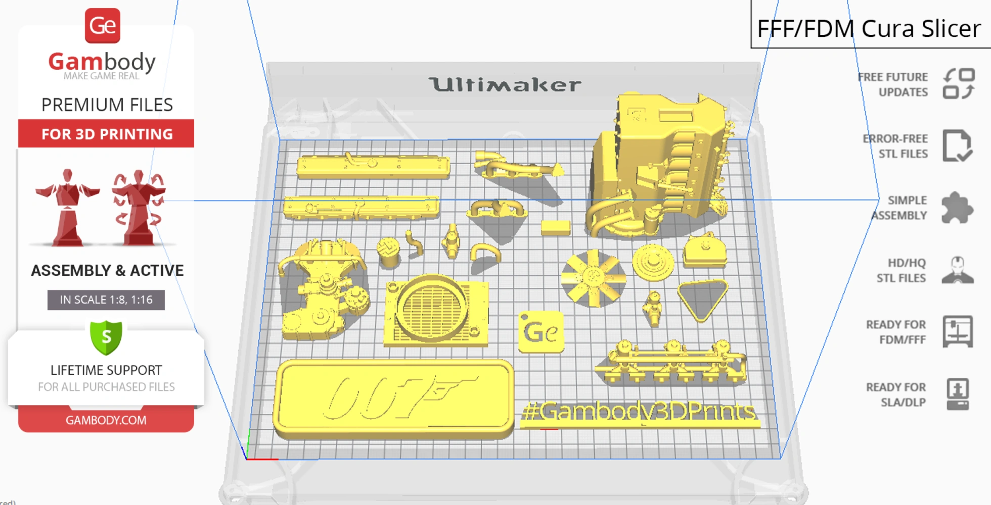 Layout of 3D printable parts for Aston Martin DB5, including car components and a '007' logo.