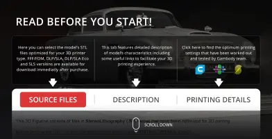 A render of James Bond's Aston Martin DB5 with options for STL files and printing details.