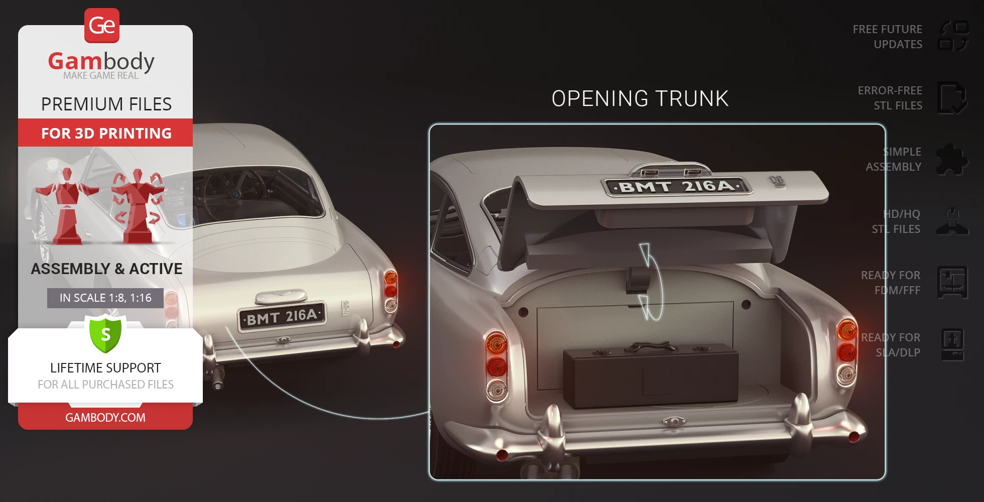 A 3D model of James Bond's Aston Martin DB5 with an open trunk, ready for printing.