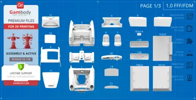 3D print parts layout for James Bond's Aston Martin DB5 model, including seats, dashboard, and body panels.