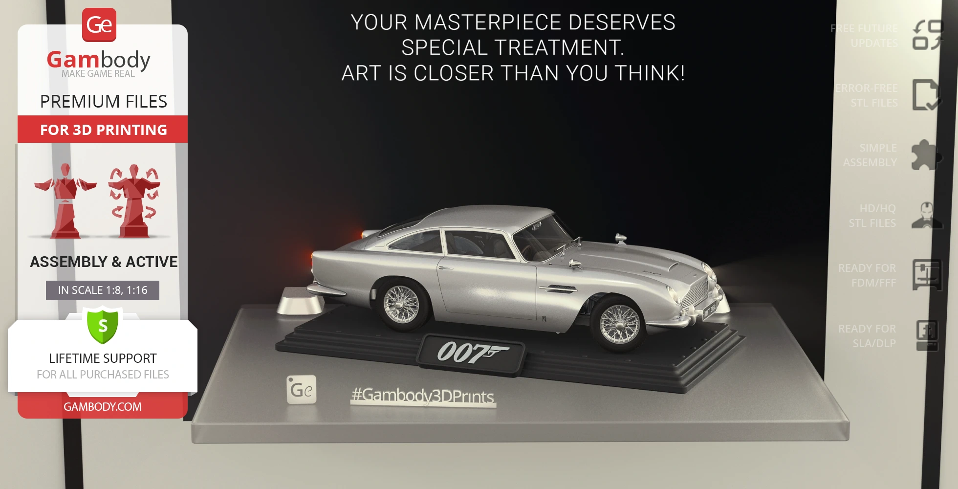 Silver Aston Martin DB5 model on display stand, labeled 007, with Gambody 3D print branding.