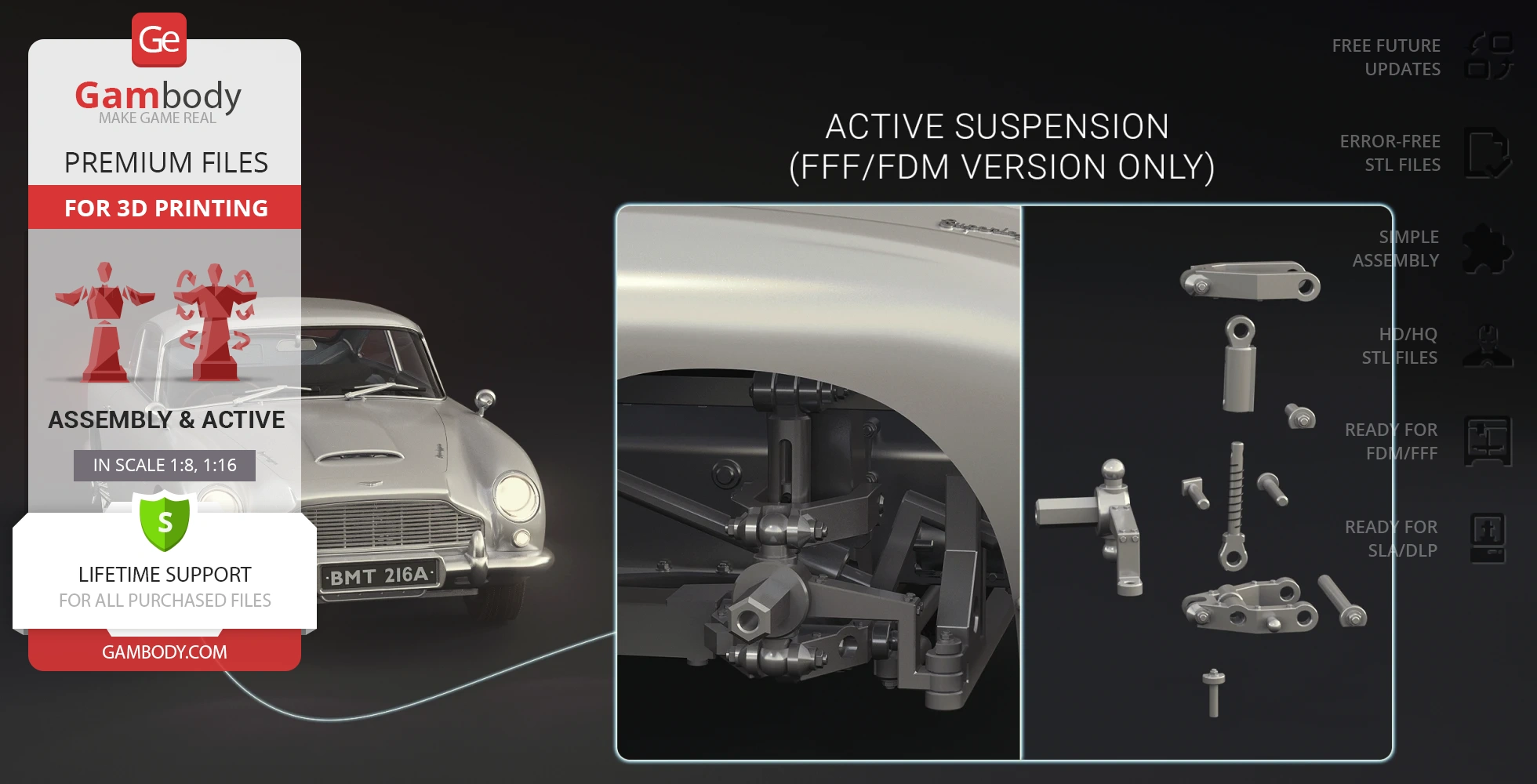 3D model of James Bond's Aston Martin DB5 with detailed active suspension parts for printing.