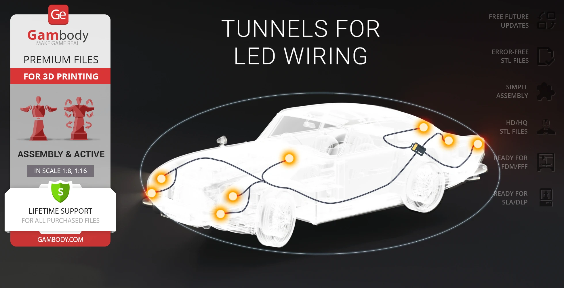 3D model of a white Aston Martin DB5 with highlighted LED wiring tunnels for printing.