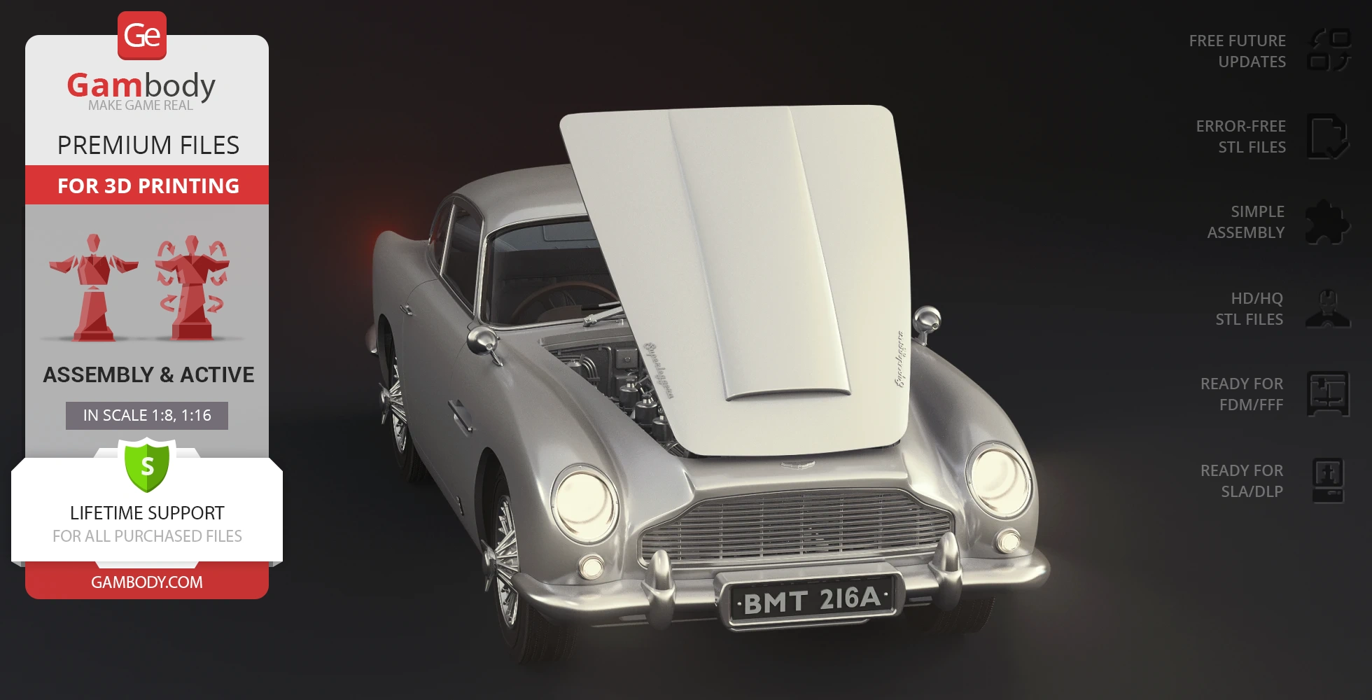 Silver Aston Martin DB5 model with an open hood, ready for 3D printing.