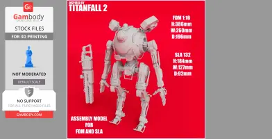 A 3D printed model of a mech robot from 'Titanfall 2' with assembly dimensions for FDM and SLA.