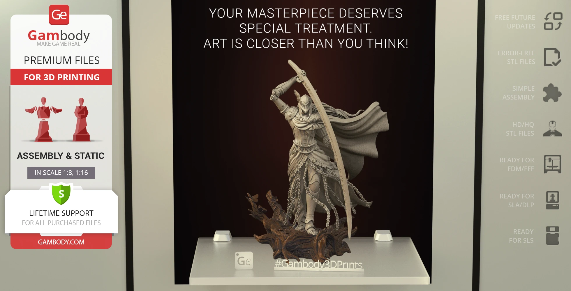 A detailed knight-like figure with a long sword, dynamic pose, standing on a textured base.