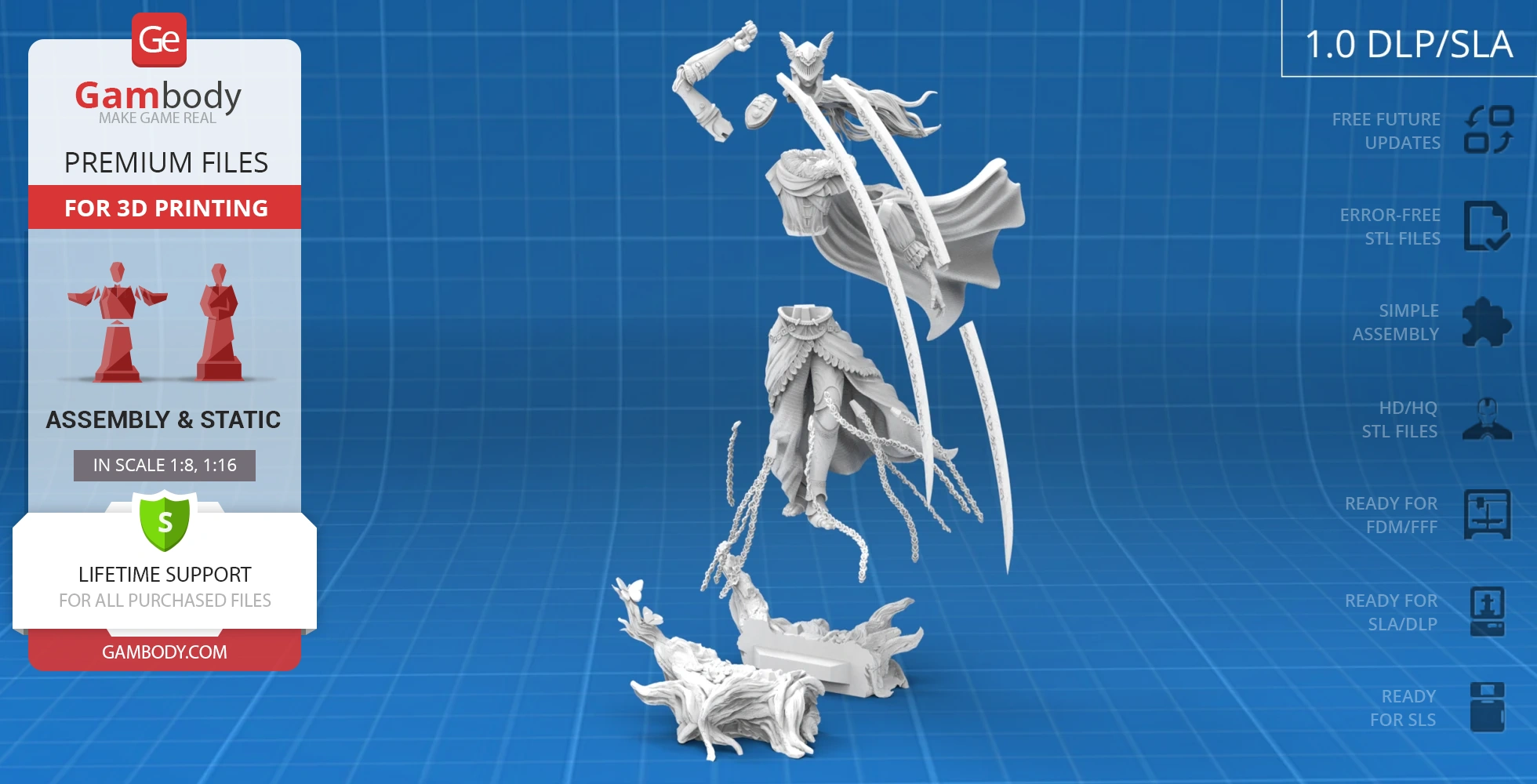 A segmented 3D model of a warrior with a sword, armor, and cape, designed for assembly and printing.