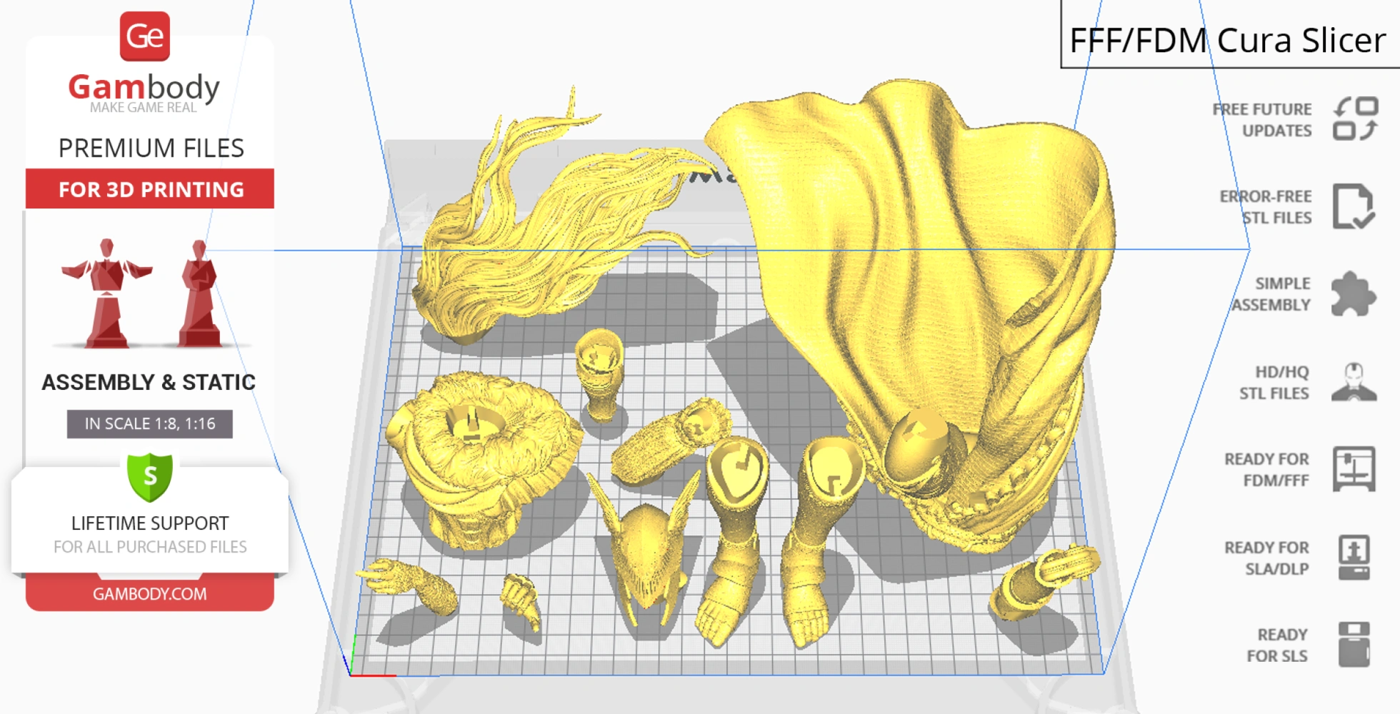 Pieces of a yellow 3D model in a slicing software, ready for printing and assembly.