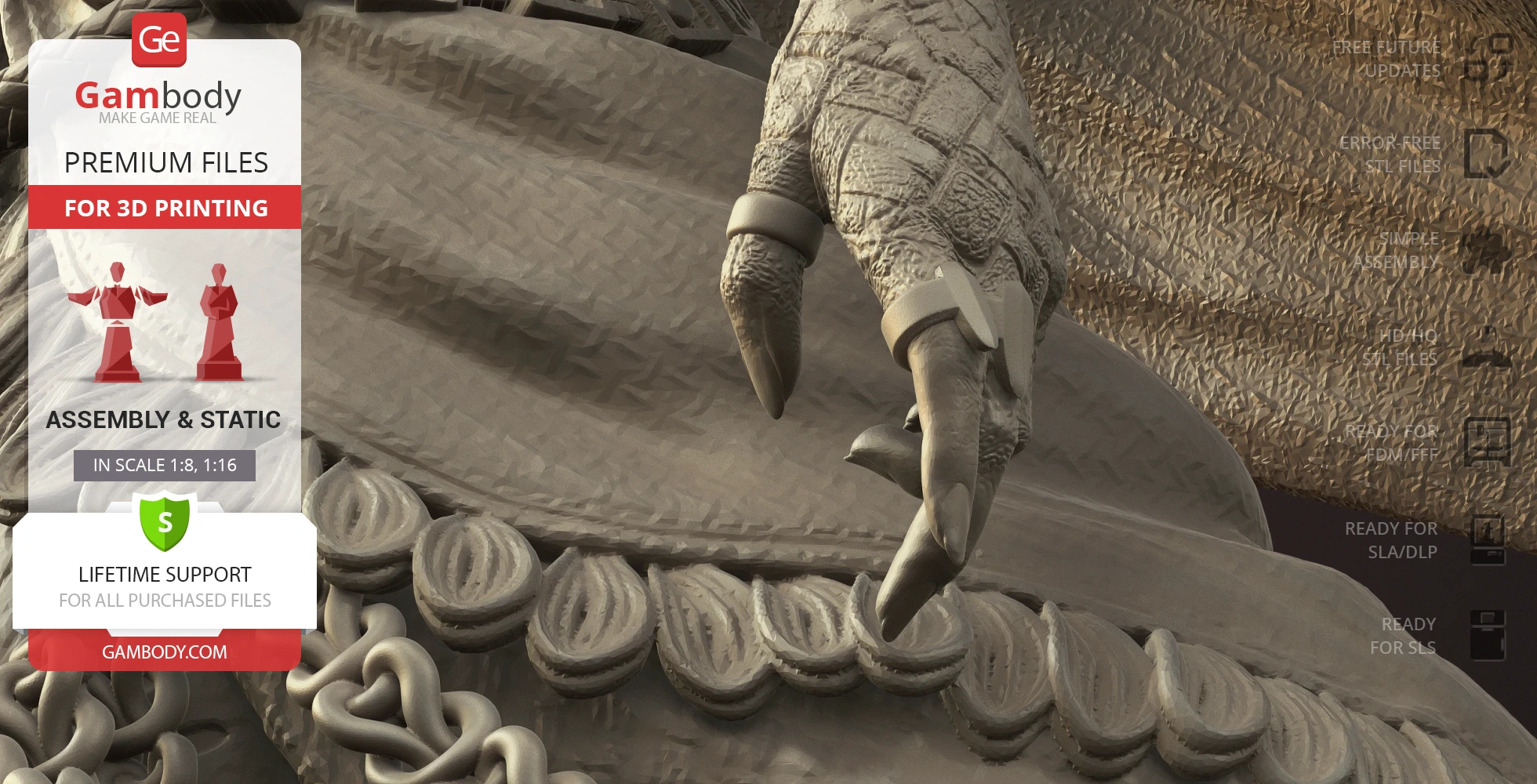 Detailed close-up of a dragon-like claw, intricate armor, and chain details for 3D printing.
