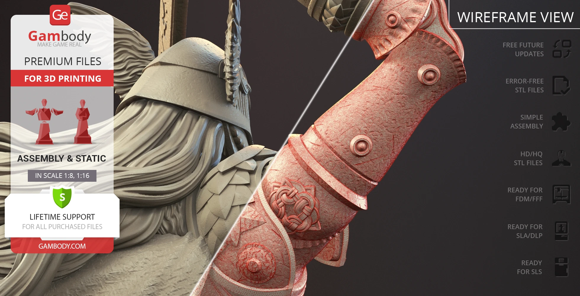 A detailed 3D model of a warrior with armor, highlighting the wireframe and premium features for 3D printing.