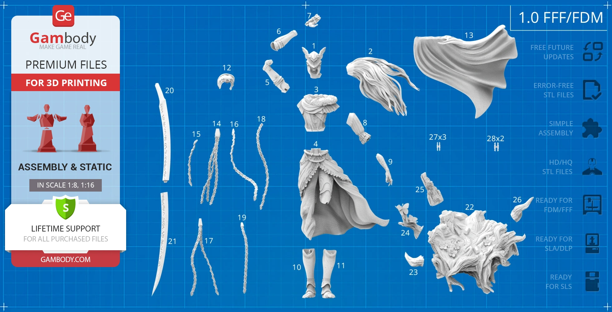 3D model parts for assembling Malenia, featuring detailed armor, cape, and accessories on a blueprint layout.