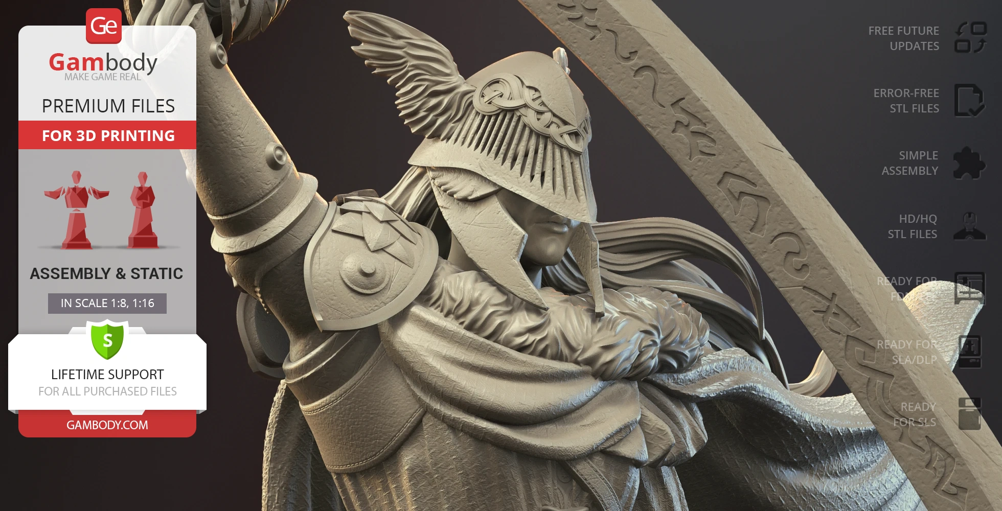 A detailed 3D model of a warrior with a winged helmet and ornate armor, holding a large engraved sword.