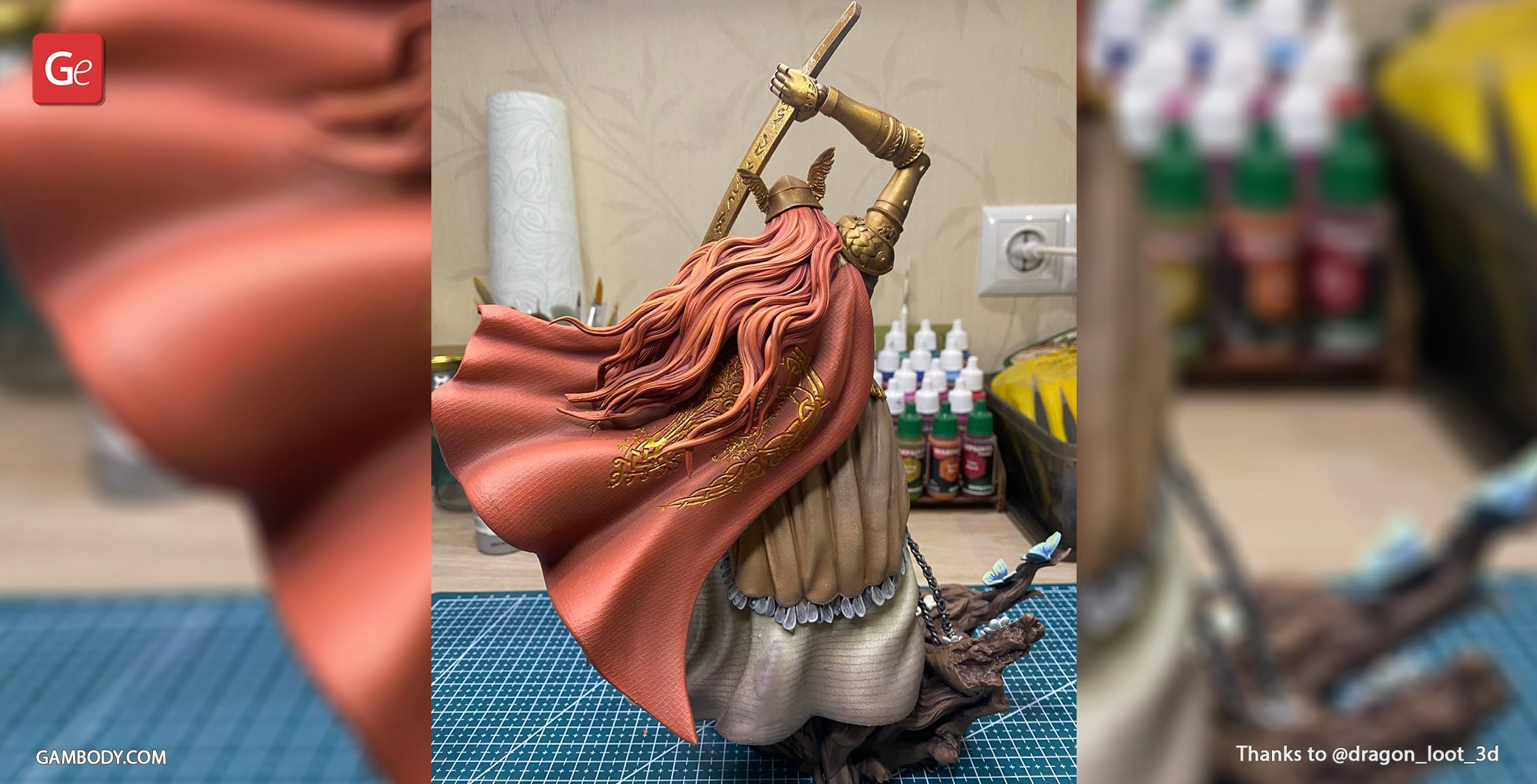 A detailed 3D model of a figure with flowing red hair, ornate armor, and a sword held overhead.