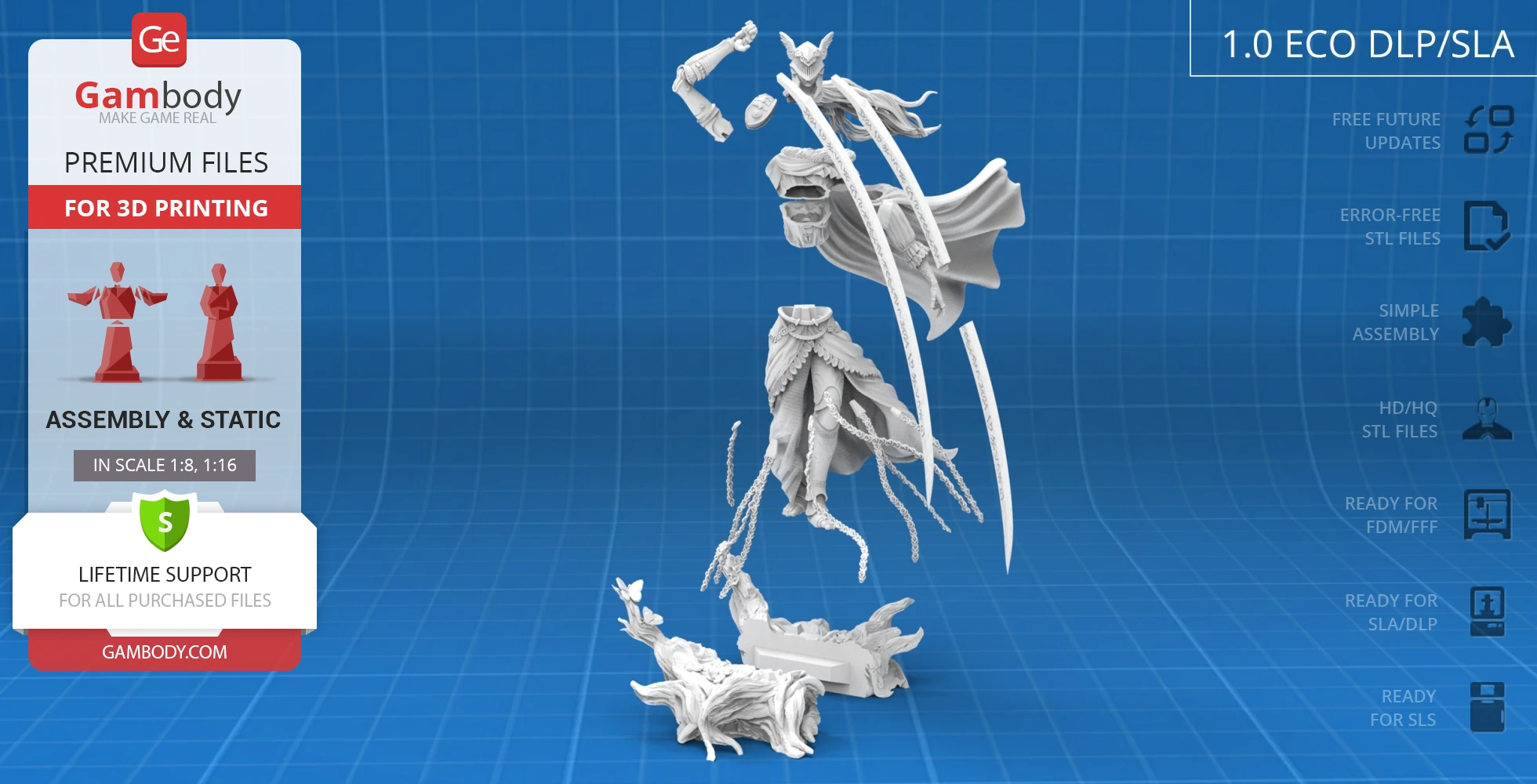 A detailed 3D model of a warrior in pieces, with armor and flowing cape, ready for 3D printing.