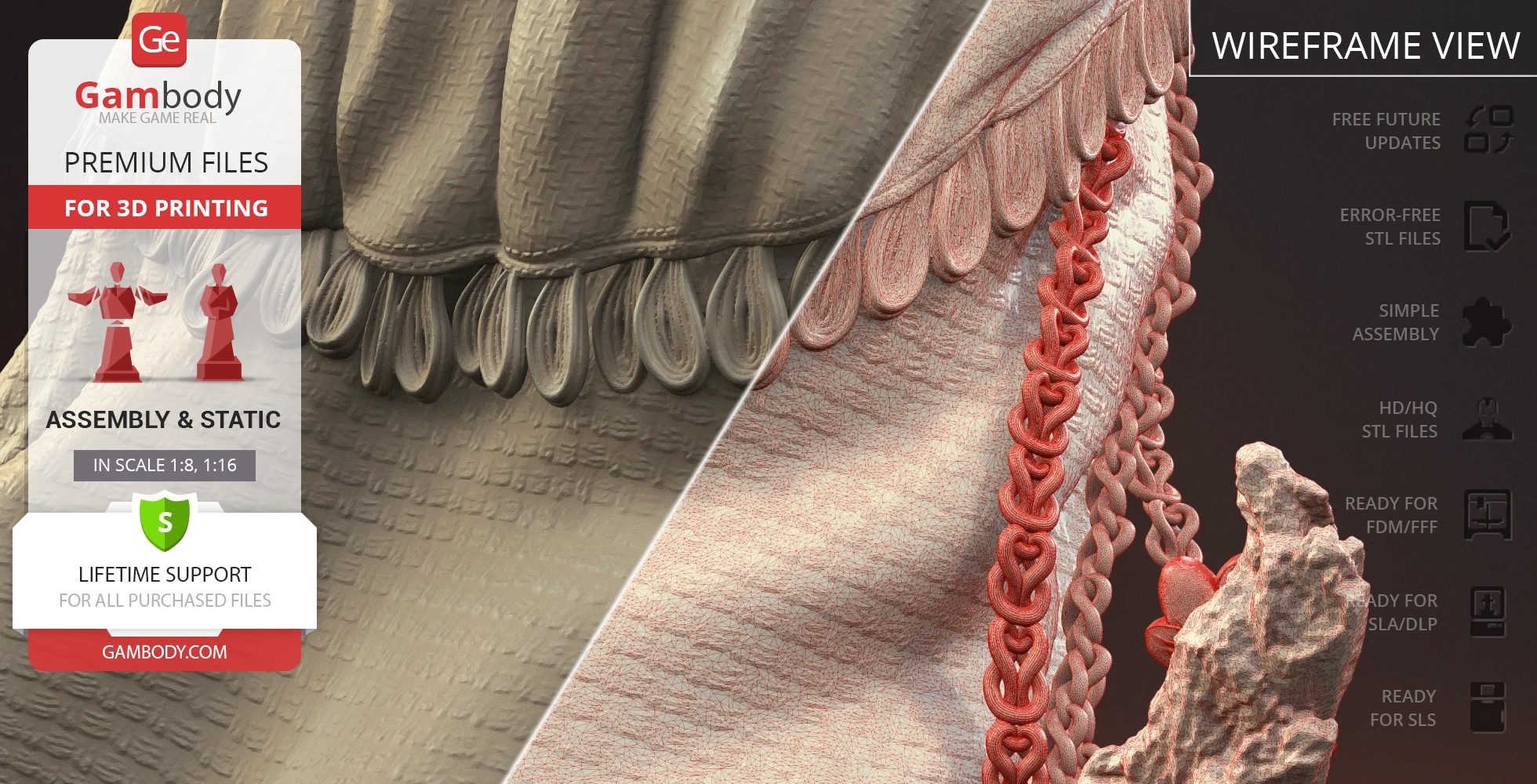 Close-up of 3D printed fabric details with wireframe overlay, showing texture and chain elements.