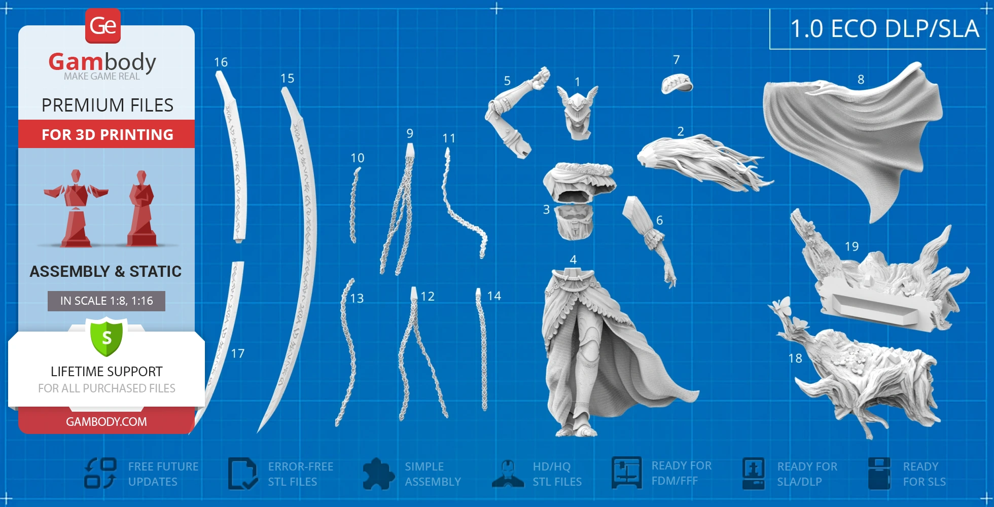 3D model parts of Malenia with armor, weapons, and flowing drapery, displayed on a blueprint layout.