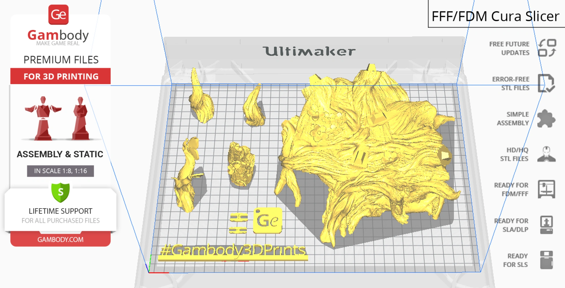 3D model files of Malenia, Blade of Miquella, displayed on a slicing software grid for printing.