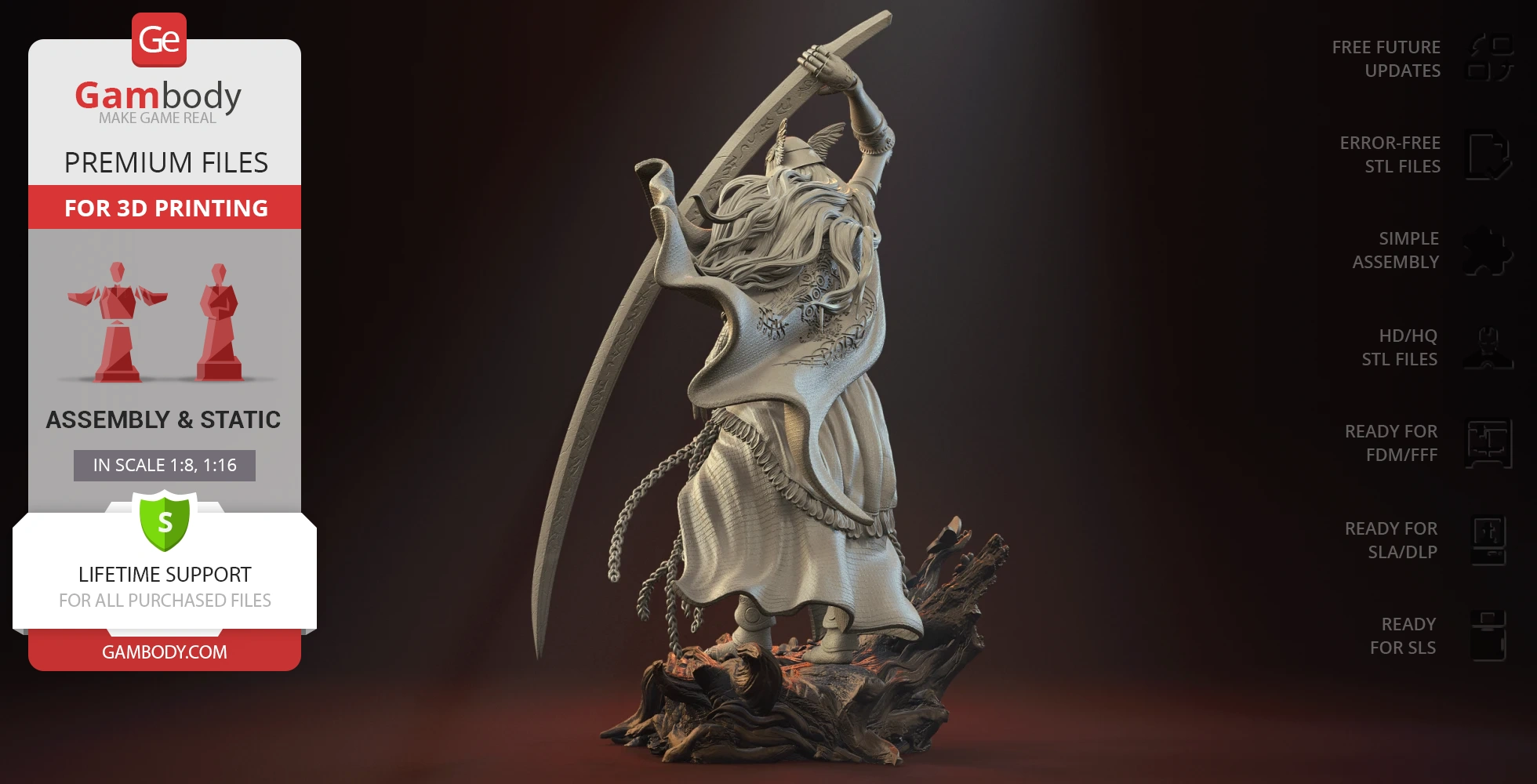 A detailed 3D model of a warrior with a large sword, dynamic pose, and flowing hair and clothing.