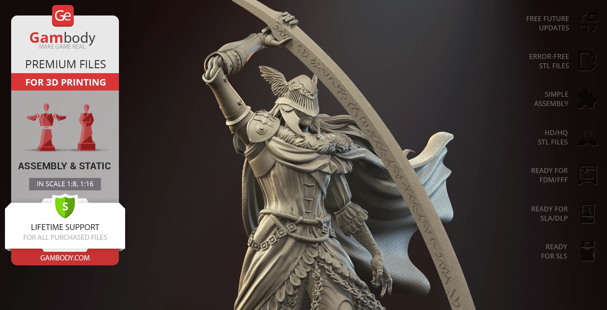 A detailed 3D model of an armored warrior with a flowing cape, wielding a large, intricately engraved blade.