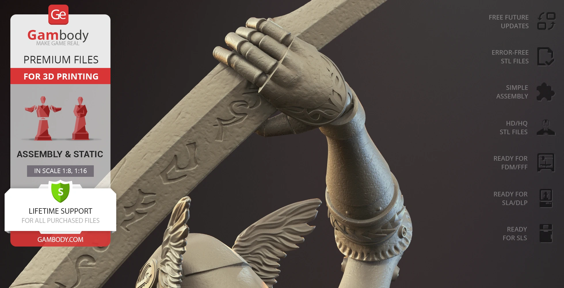 A detailed 3D model of an armored warrior with an intricate sword design, intended for 3D printing.
