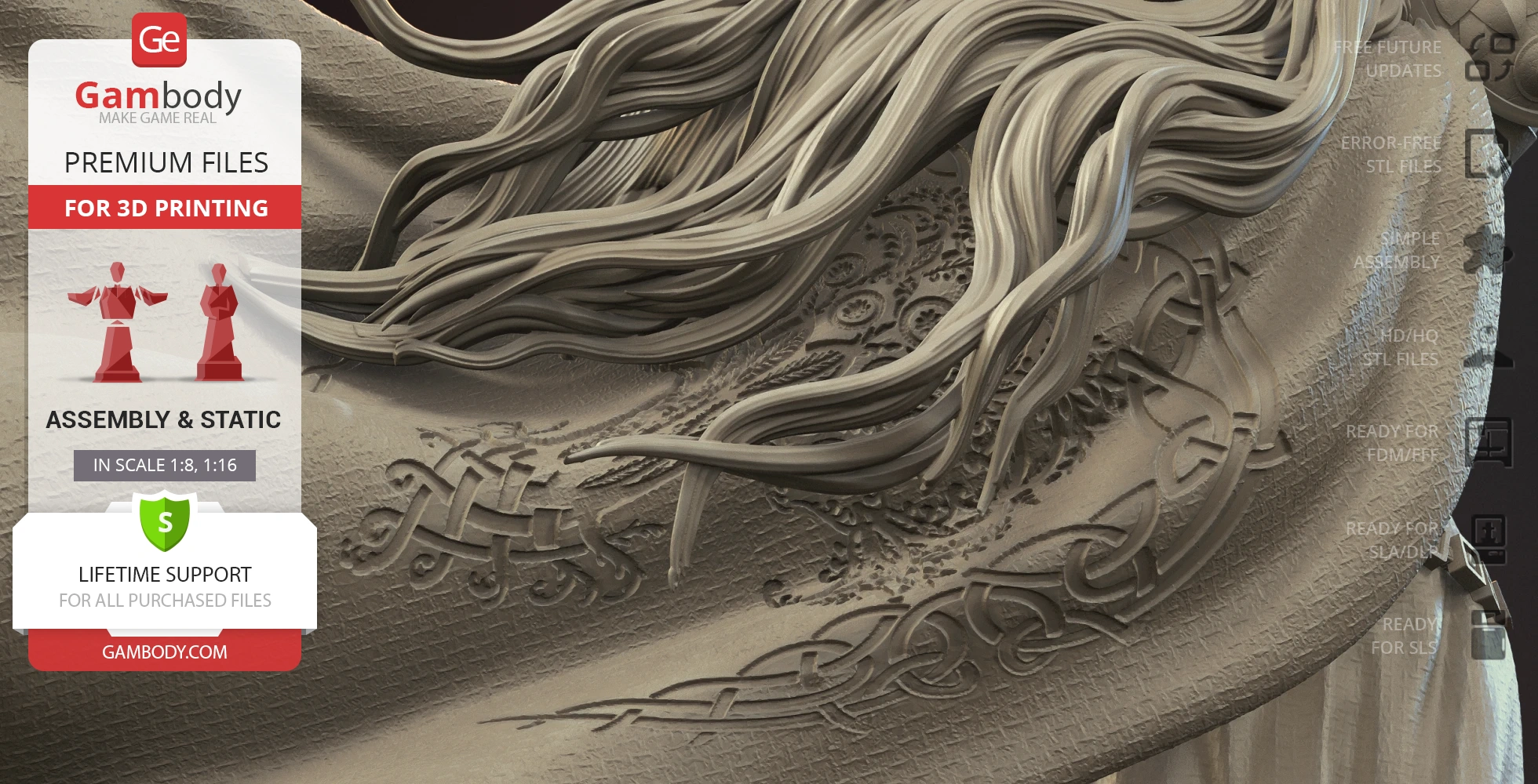 A detailed 3D model with intricate patterns and flowing hair-like structures.