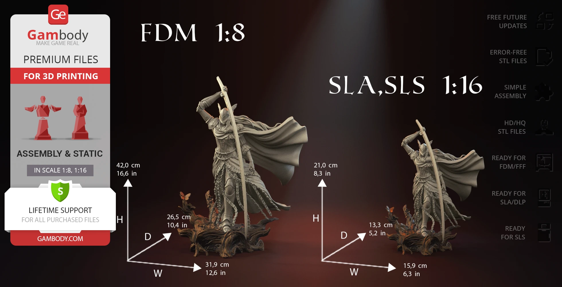 A 3D model of a warrior with a long sword and flowing cape, available in two scales for 3D printing.