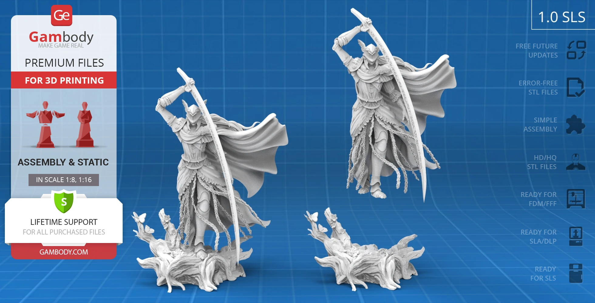 Intricate warrior figure with a large sword, ornate armor, and flowing cape on a detailed base.