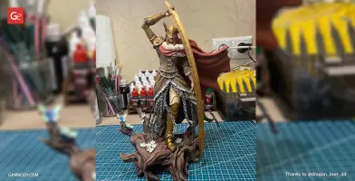 Armored warrior in dynamic pose with sword and shield, standing on a detailed base with flowers and butterflies.