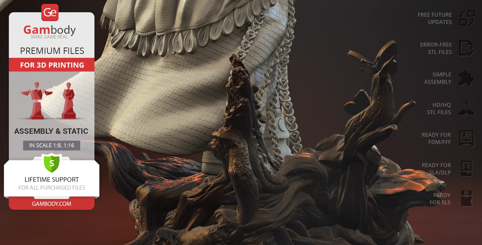 Detailed 3D model of a figure with elaborate armor and intricate cape, designed for 3D printing.