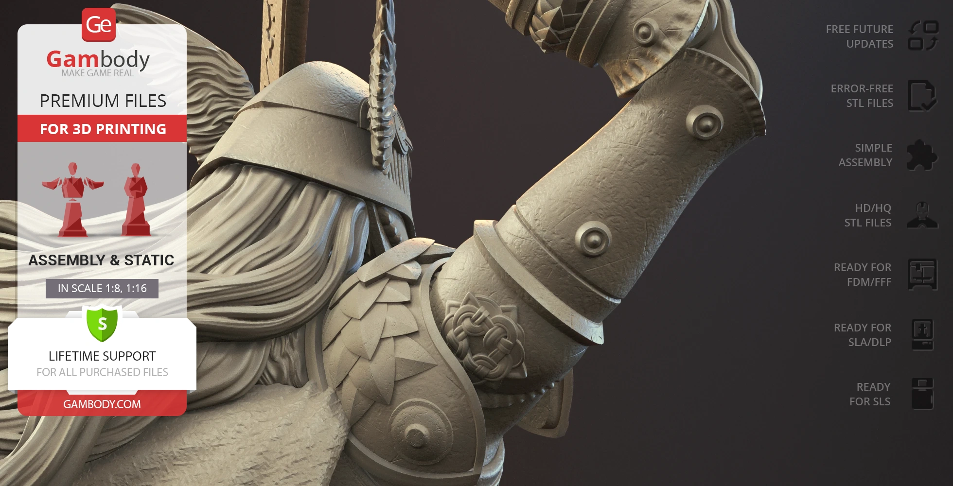 Detailed 3D model of a warrior with intricate armor, ready for 3D printing, shown from a side angle.