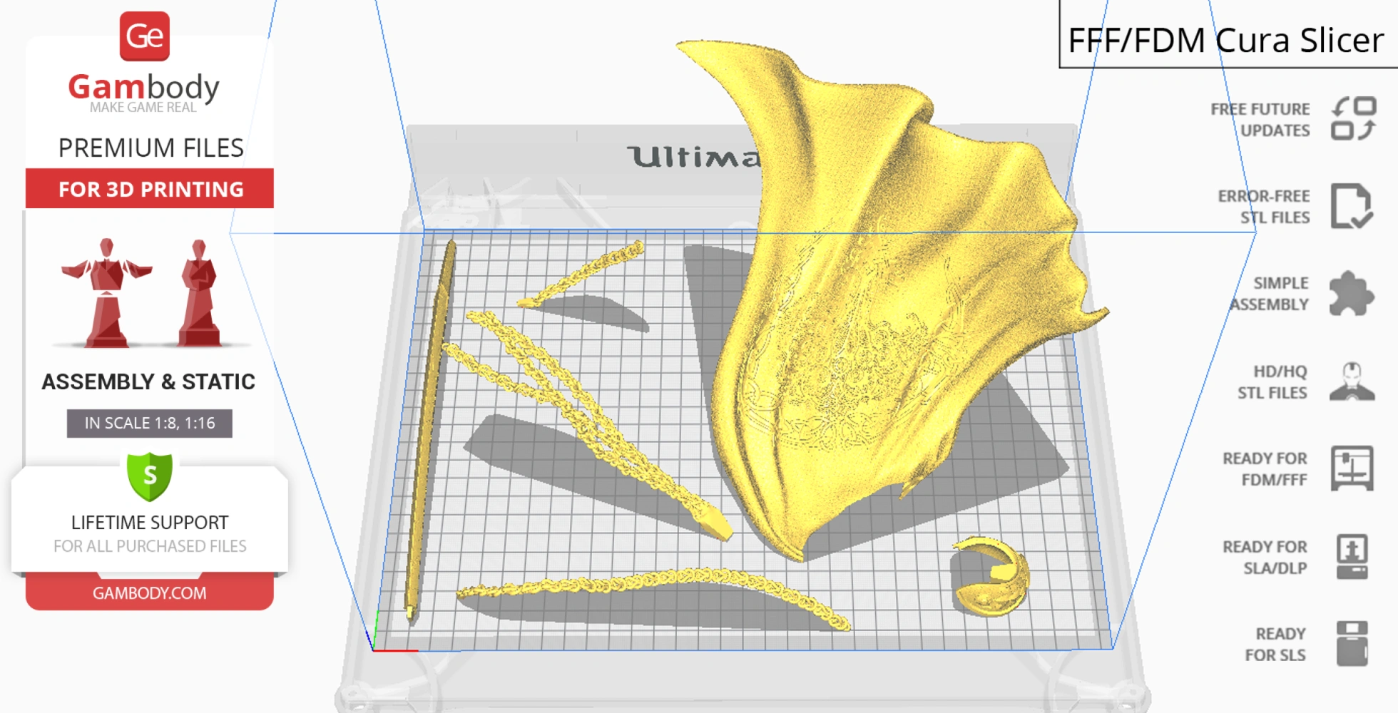 3D printed parts for Malenia Blade of Miquella, including detailed armor sections and accessories, on a grid.