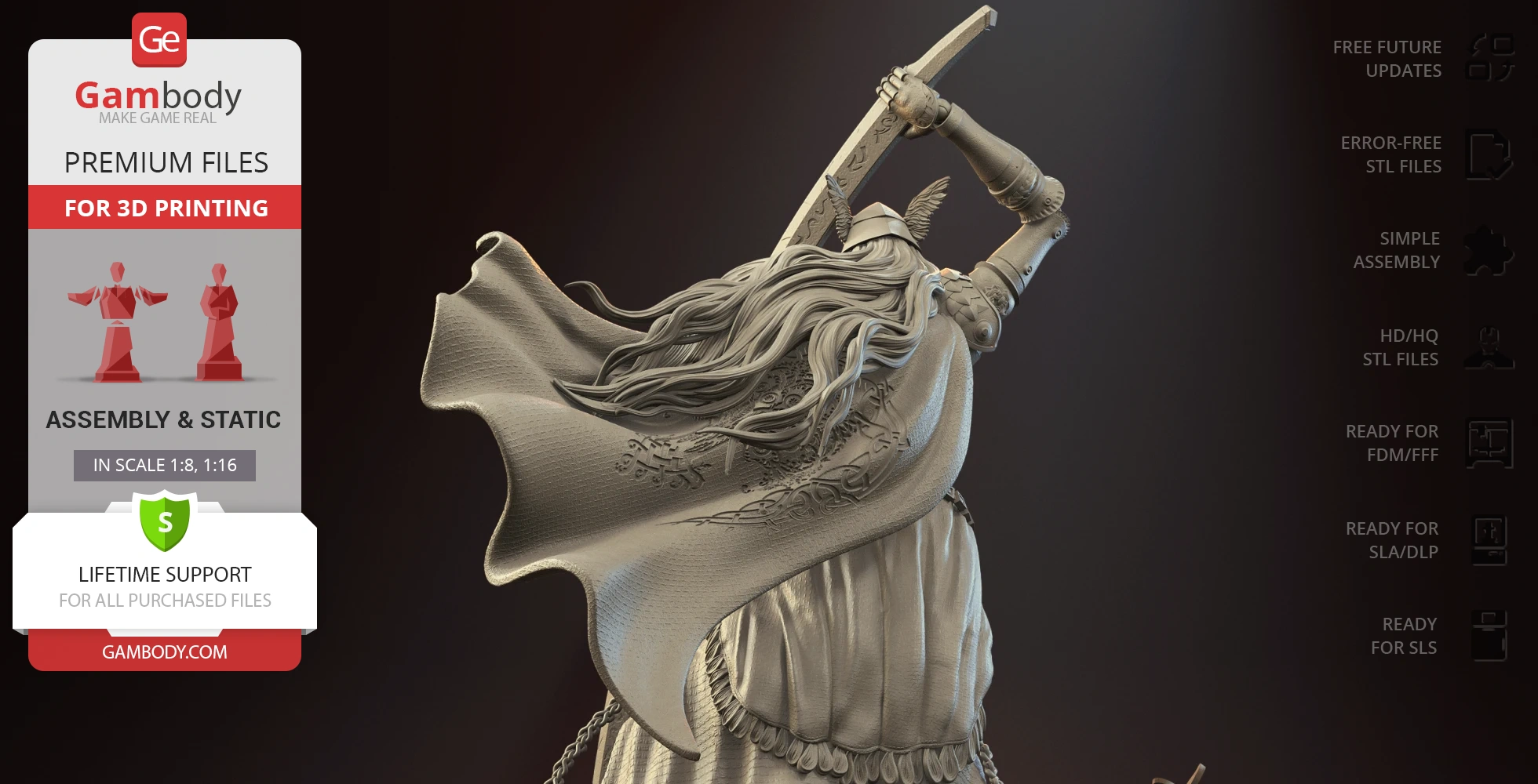A detailed 3D model of a warrior with long hair and a sword, designed for 3D printing.