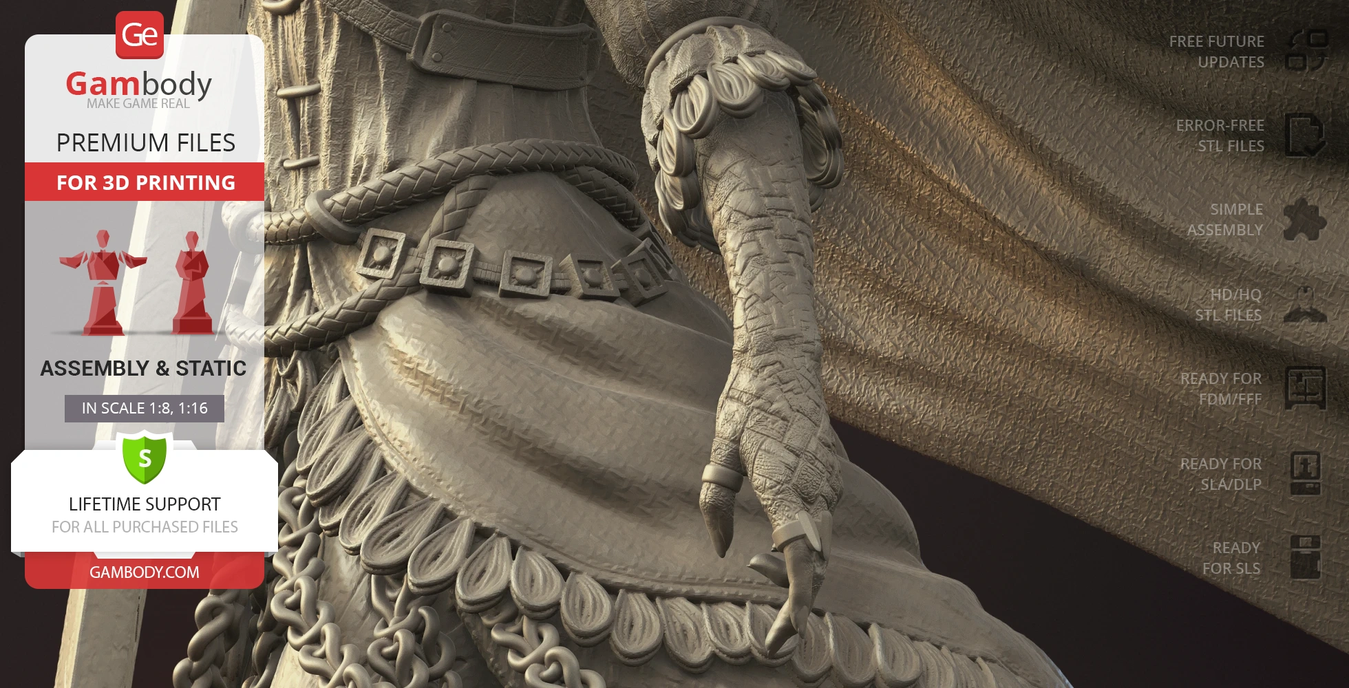 Detailed close-up of a 3D printed character's intricate armor and fabric textures with assembly notes.