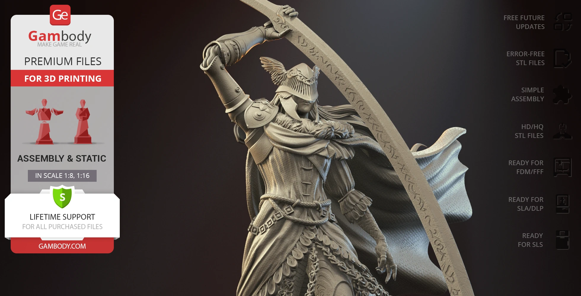 Armored warrior with ornate sword and helmet, posed dramatically.